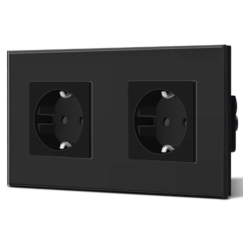 BSEED Enchufe Doble Pared con Cristal,Enchufes Empotrable Estándar,Schuko Enchufe Simple 16A 250V,Toma de Corriente para Cocina,Dormitorio,Oficina,Hotel,M Serie,2 Enchufes,157mm Negro