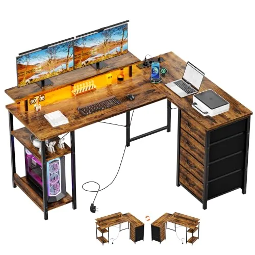 YOUDENOVA Escritorio con 4 Cajones, 142x107cm, Escritorio Esquinero Reversible con LED y Enchufe, Escritorio Gaming en L con Soporte para Monitor Mesa Escritorio para Home Office y Gamer, Brun Vintage