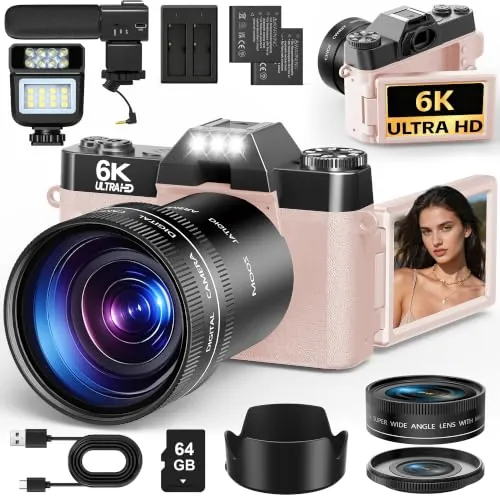 Cámara Digital 6K 64MP con WiFi,Zoom Digital 16X, Lentes Gran Angular/Macro (Rose)