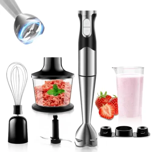 Batidora de Mano 1200W 6 en 1 Eléctrica Multifuncionales Función Turbo | Velocidad Regulable Cuchillas de Acero Inoxidable 304 con Batidora, Picadora y Vaso para Frutas, Verduras y Comida para Bebés