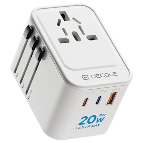 decqle Adaptador Enchufe Universal, Adaptador de Viaje con 2 USB-C(PD 20W) y 1 USB-A, Adaptador Universal para EU, Reino Unido, Americano, Canadá, Australia& 224+País(Blanco)