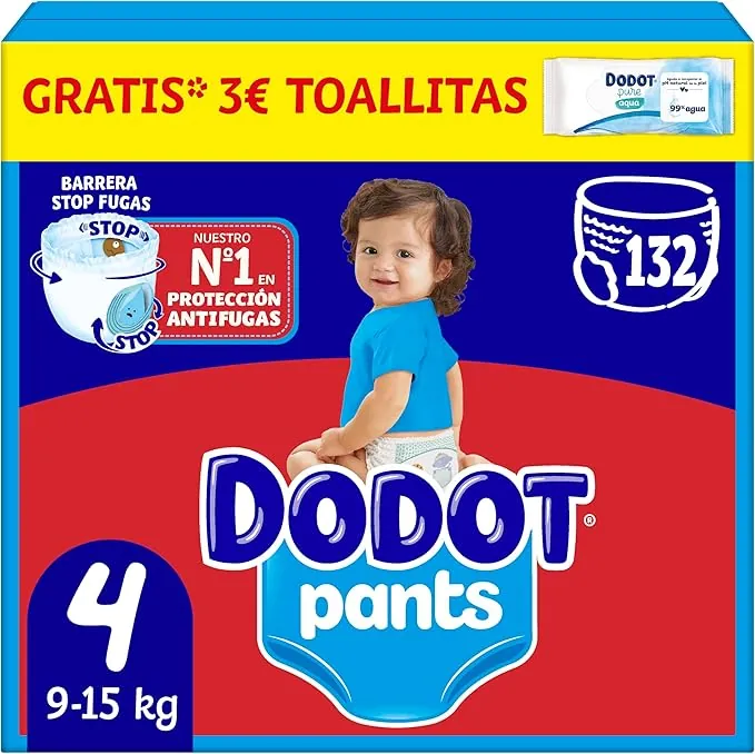Dodot Bebé Pants Pañales, Talla 4, 9-15 kg, 132 Pañales, Pañal-Braguita con Ajuste 360° Anti-Fugas, Pack Mensual