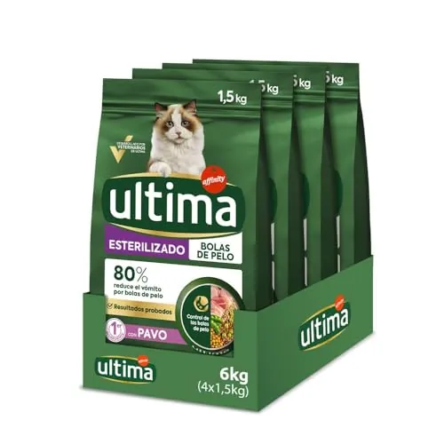 Ultima Esterilizado Bolas de pelo Pavo, Comida seca para gatos, Pack de 4 x 1,5kg, Total 6kg