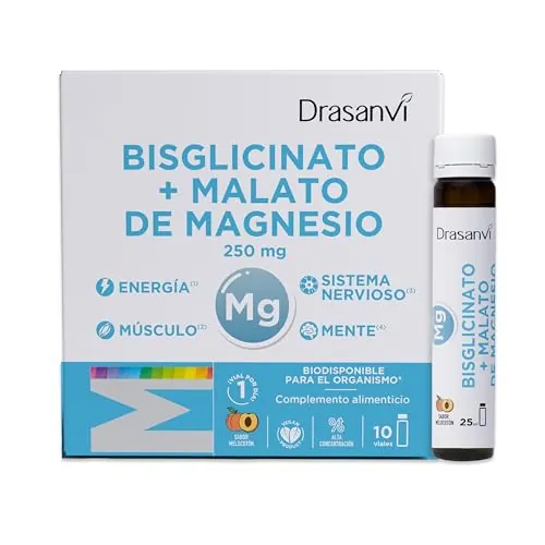 Magnesio Bisglicinato y Malato Liquido de Alta Absorción 250mg | Drasanvi | Alta Absorcion para la Energia, los Musculos y el Sistema Nervioso, Sabor Melocoton, en 10 Viales Bebiblesde 25ml