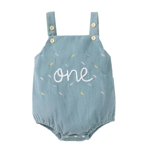 UUAISSO Conjuntos de Primer Cumpleaños Para Niñas Mono de Pana con Bordado Mono de Verano Para Fiesta de Cumpleaños Azul claro 12-18 meses