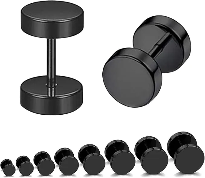 Juego de 8 Aretes Negros, Hipoalergénicos y de Acero Inoxidable - Tuerca y Rosca de 3 a 10 mm, para Hombres y Mujeres