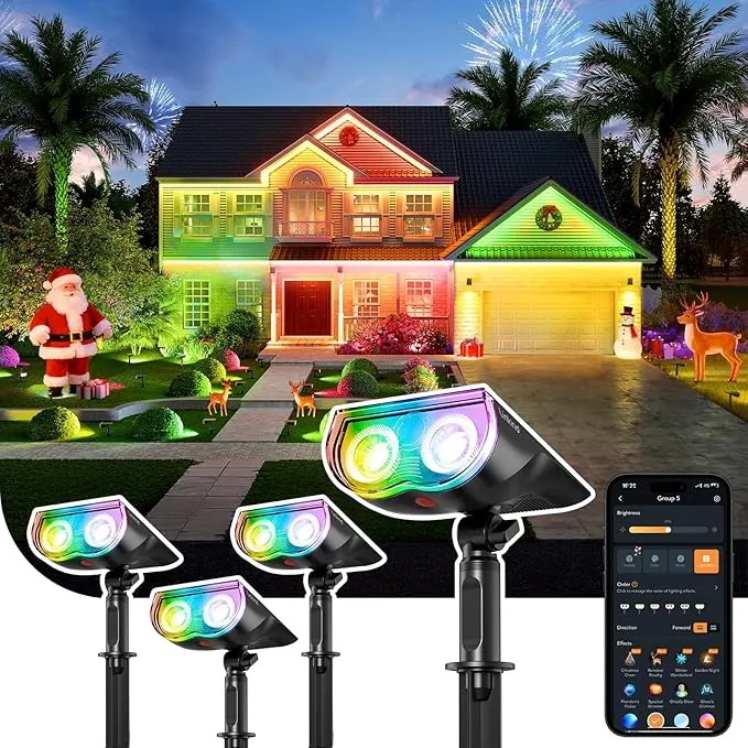 Linkind RGBTW Focos Solares Inteligentes para Exteriores SL5C, MPPT Solar-Tech, 16 Millones de Colores, Control por Aplicación y Grupo, Sincronización Musical, IP67,4 unidades