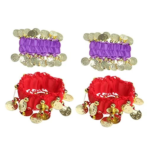 Theaque 2 pares de pulseras elásticas para danza del vientre, pulseras de monedas doradas, pulseras de danza del vientre, tobilleras de gasa, accesorio de disfraz para mujeres y niñas, actores de
