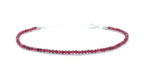 Pulsera de rubí natural de 2 mm, plata de ley 925, ajustable de 16 cm a 19 cm