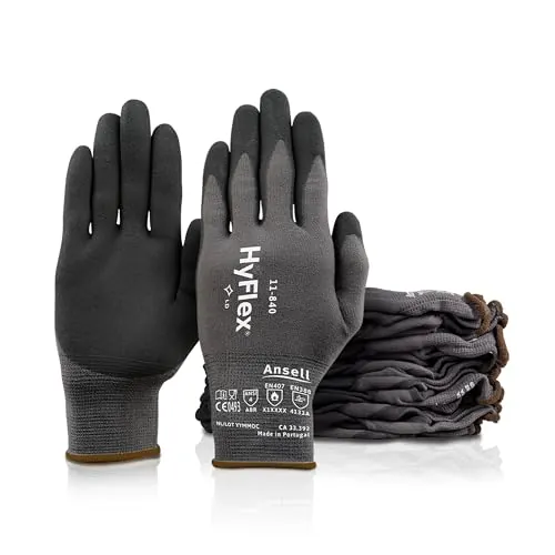 Ansell HyFlex 11-840 Guantes de Trabajo Profesionales, Revestimiento de Nitrilo Antideslizante y Transpirable, Protección Mecánica Multiusos, Seguridad Industrial, Negro, Talla M 12 Pares, 8 (M)