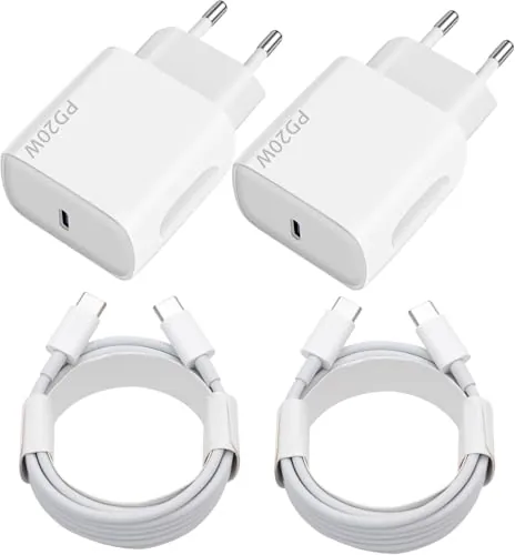 Cargador USB C de 20 W, 2 Paquetes de Enchufe USB C, Cargador rápido con 2 x 2 m, Cable USBC, Cargador USB rápido para iPhone17 16 15 Plus Pro MAX Samsung Galaxy iPad Huawei Xiaomi, Toma USBC