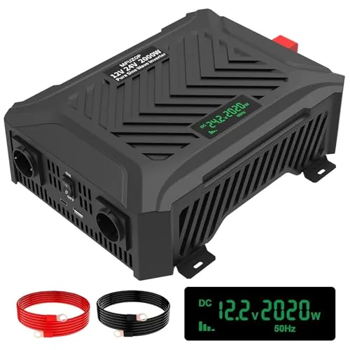 MFUZOP Inversor de Dual-Voltage 12V/24V a 220V Onda Sinusoidal Pura 2000W con Detección Automática de Voltaje, Convertidor de Corriente Pico 4000W, 2 Enchufes UE, USB-C y USB-A, Pantalla LCD