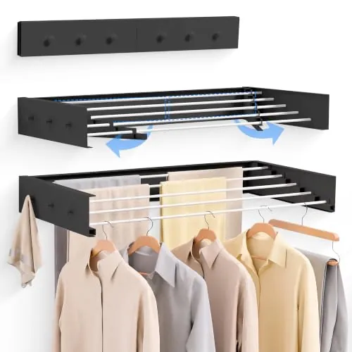 JUPPLIES Tendedero Extensible Pared Plegable - Tendedero Retráctil Invisible con 5 Barras de Aluminio para Interior o Exterior - Ahorra Espacio con Diseño Compacto (Negro (+Ganchos), 80)