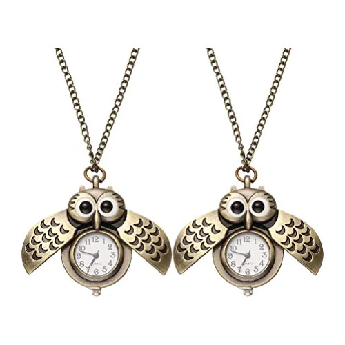 ibasenice 2 Unids Búho Reloj de Bolsillo Vintage Retro Bronce Steampunk Locket Reloj de Bolsillo Colgante Cadena Larga Animal Pájaro Collar de Cuarzo Regalo para Niñas Niños os