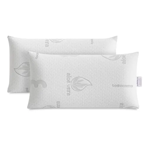 Todocama Almohada Viscoelástica Aloe Vera (Pack 2 Unidades 70 cm), Núcleo Compacto Viscoelástico para Cervicales y Cuello, Firmeza Media-Alta, Doble Funda con Cremallera.