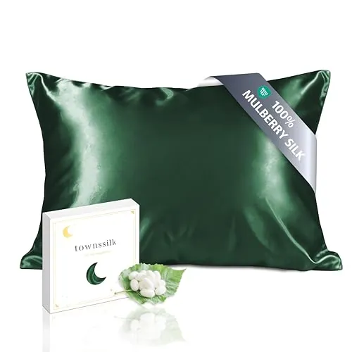 townssilk Funda de almohada reversible de 100 % seda de morera pura de 19 mommes, para la salud del cabello y la piel, 40 x 70 cm, con cremallera oculta, 600 hilos, verde esmeralda