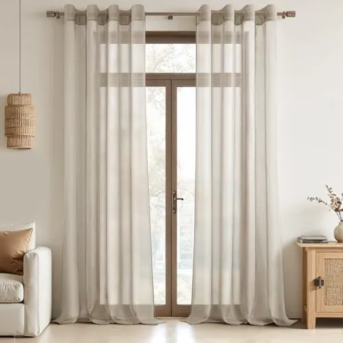 MRTREES Cortina para Ventana Dormitorio Translúcidas Visillos Paneles para Ventanas Sala para Niños Sala Comedor 2 Piezas 140×260cm Beige
