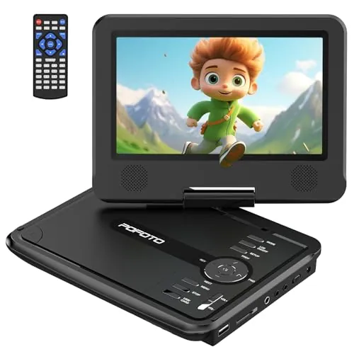 POFOTO Reproductor de DVD portátil de 9,5'' para niños con Pantalla giratoria HD de 7,5'', 6h de Autonomía, Altavoz estéreo, Soporta Discos/SD/USB, Sincronización TV/Proyector,Antigolpes (Negro)
