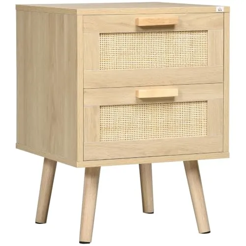 HOMCOM Mesita de Noche de Diseño Boho con 2 Cajones 40x40x56 cm Natural