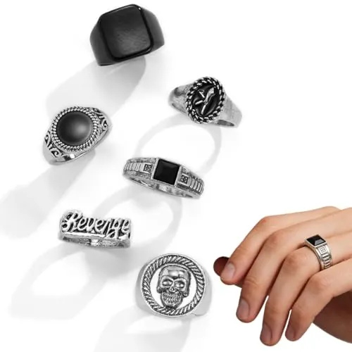 QEXUJOW Anillos para hombre,Juego de 6 anillos vintage de aleación para hombre