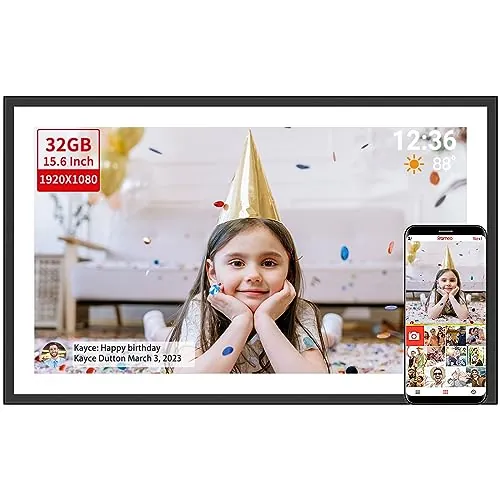 Frameo - Marco de fotos digital de 15.6 pulgadas, 32 GB, WiFi, grande, con pantalla táctil Full HD de 1920 x 1080, montaje en pared, rotación automática, fácil de enviar fotos y videos