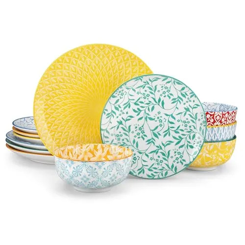 vancasso Serie SELENE Vajillas Completas 4 Personas, Juego de 12 Piezas Vajillas en Porcelana Pastel - 4 Platos Llanos, 4 Platos de Postre y 4 Cuencos, Apto para Lavavajillas y Microondas
