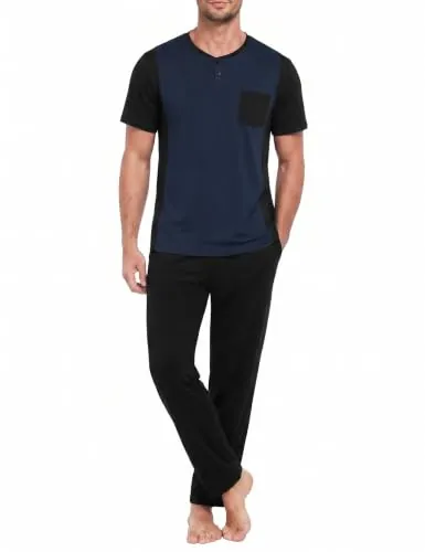 Ocextami Pijama de Hombre Camiseta Manga Corta Bicolor Pantalón Largo | Conjunto de pijama hombre transpirable con cuello Henley y diseño bicolor. Pantalón largo con cintura elástica y bolsillos.