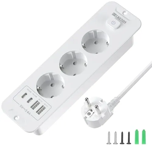 Enchufe retráctil con USB, 3 enchufes empotrables con 2 USB, enchufe empotrado en la mesa con 2 USB C, regleta con cable de 2 m para encimera, muebles, color blanco