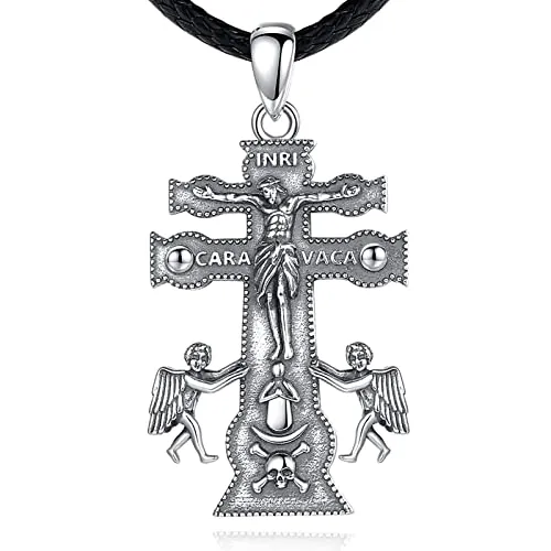 EUDORA Harmony Ball Collar Caravaca Cruz para Mujer Hombre Plata de Ley 925, Amuleto Colgantes Caravaca Ángel Cruz Collares para Creyente Cristiano, Vintage Joyería Regalo para Mujer Hombre, 61CM