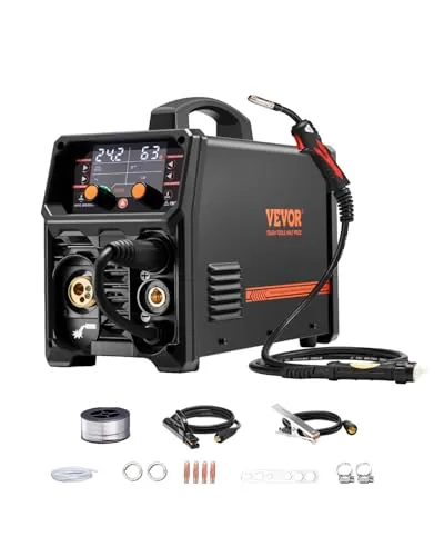 VEVOR Máquina de Soldadura de 200 A Sinérgica 5 en 1 MIG a Gas/MIG con Núcleo Fundente/STICK/LIFT TIG/MIG PLUSE con Tecnología de Inversor IGBT y Pantalla LCD, 6,1 KVA, 430 x 180 x 320 mm, Negro