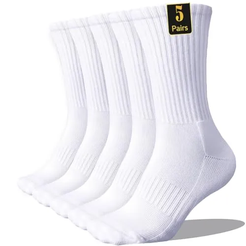 Wamicu Calcetines Deporte Hombre 5 Pares Algodón Peinado Acolchados Running | Transpirables y Antiampollas, Amortiguación y Soporte de Arco, Blanco, 39-42