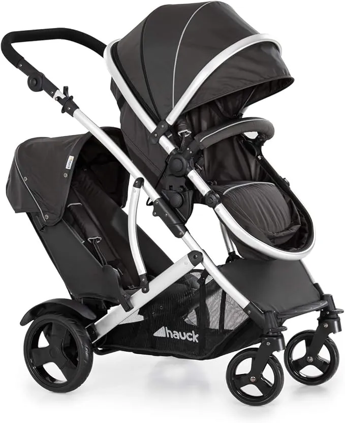 hauck Duett 2 Silla de Paseo Gemelar Ligera con Protector de Lluvia - Carro Doble Bebé hasta 15 kg por Niño - Cochecito Dos Niños Asiento Principal Convertible en Capazo desde el Nacimiento - Negro