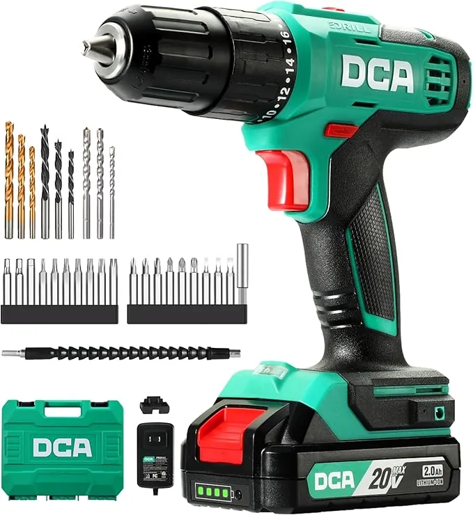 DCA Taladro percutor inalámbrico 20V, 40 Nm, portabrocas automático de 13 mm, 22500 IPM, 2 velocidades, 18+1+1, taladro de impacto con 14 brocas/destornilladores para ladrillo, metal y madera