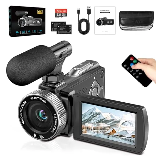 Caupureye Videocámara 4K Cámara Video 48 MP, Cámara Vlog para Youtube, Zoom Digital de 18X, Pantalla IPSde 3" y 270°, Luz LED de Relleno, Cámara de Video para Micrófono, 2 Baterías, Tarjeta de 32 GB
