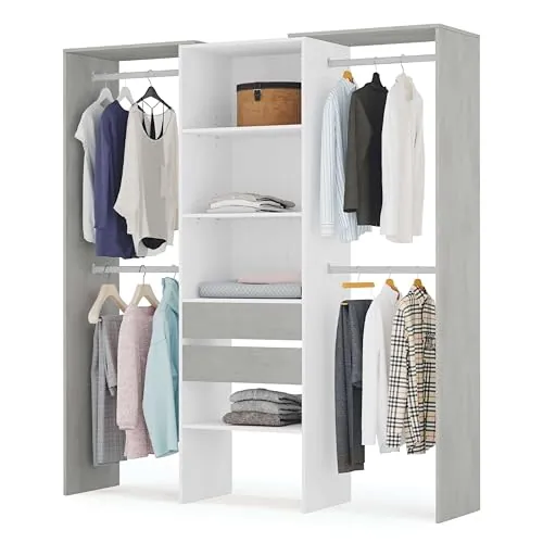 Habitdesign Armario Vestidor con 2 Cajones, Vestidor con Barras y Baldas, Acabado en Blanco Artik y Gris Cemento, Medidas: 179 cm (Ancho) x 202 cm (Alto) x 50 cm (Fondo)