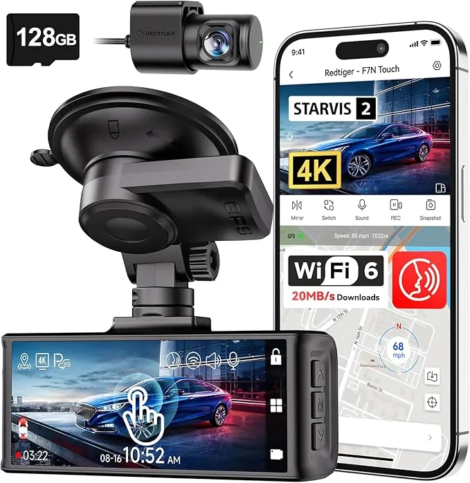 REDTIGER Dashcam Coche 4K STARVIS 2,Cámara Coche con Pantalla Táctil 3.18'',Tarjeta Memoria128 GB,GPS,5.8G WiFi,Control Voz,Visión Nocturna UHD,Loqueo de Emergencia,Monitor Aparcamiento (F7N Touch)