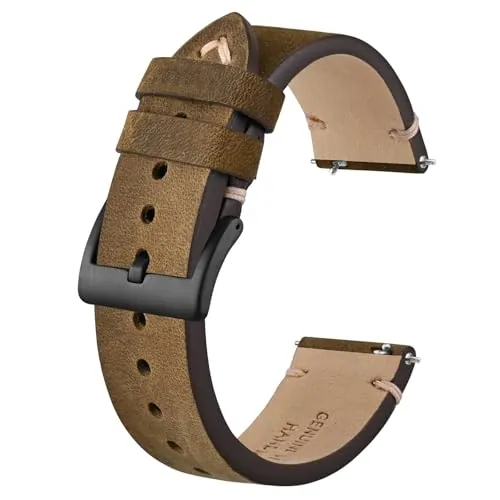 BISONSTRAP Correa de Reloj de Cuero Antiguo, Correas de Repuesto para Hombres, Liberación Rápida, 22mm, Marrón Oscuro (Hebilla Negra)