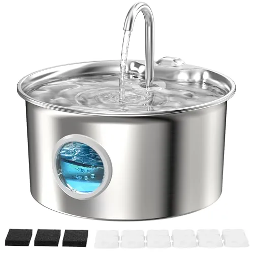 Fuente para Gatos Acero Inoxidable: Bebedero Gato con 6 Filtros+3 Esponjas | 2.6L Fuente de Agua para Gatos Metalico con Ventana de Nivel de Agua - Dispensador de Agua Gato con grifo