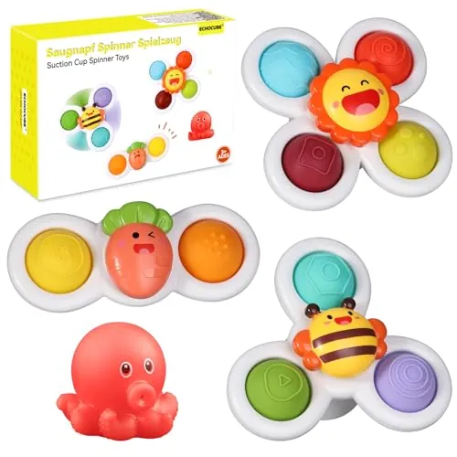 ECHOCUBE Juguetes Giratorios con Ventosa, 3 Piezas Juguetes Sensoriales Giratorios Educativos, Juguete Ventosa Trona, Juguetes de Baño con Ventosa para Niños y Niñas