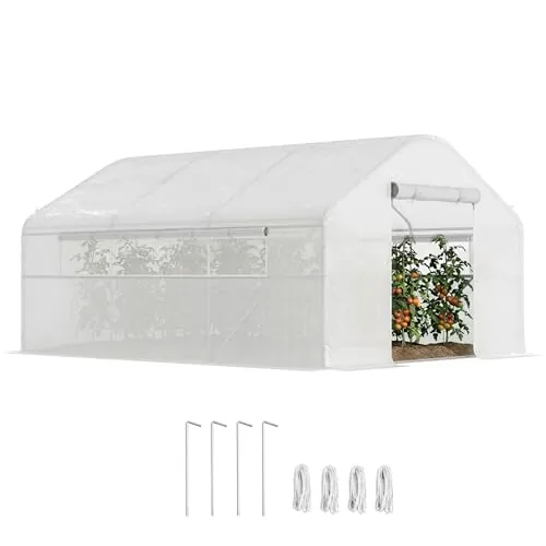Outsunny Invernadero de Exterior 4x3x2 m Invernadero de Túnel con 2 Ventanas Cubierta de PE Anti-UV y 1 Puerta Enrollable con Cremallera Invernadero para Jardín Patio Blanco