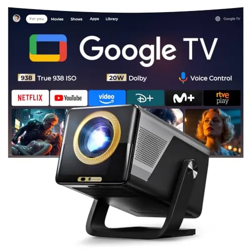 Google TV Proyector Portatil con Netflix, 938 ISO, Soporte 4K, Dolby 20W