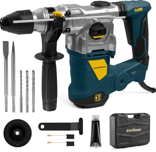 Enventor 1500W Martillo Demoledor SDS-Plus, 6J, 4 Funciones | Martillo Percutor con Mandril, 4500BPM, Control de Vibración, Martillo Perforador para Concreto, Metal y Madera