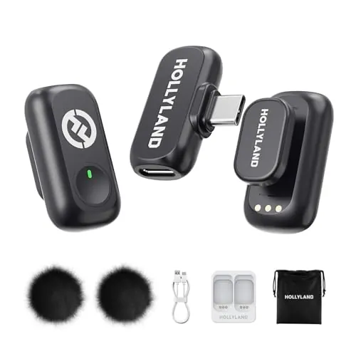 Hollyland Lark A1 Mini Duo - Mini micrófono inalámbrico para iPhone 15/16 y Android (2 TX + USB-C RX), micrófono magnético para Youtube, TikTok, podcasts y Vlogs (Negro, sin Estuche de Carga)