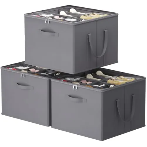 Lifewit Organizador Zapatos para Armario, Caja Almacenaje para 12-16 Pares con Tapa de PVC Transparente, Zapatero Plegable con Divisiones para Zapatillas y Botines, 43 x 43 x 31 cm, Gris, 3 Piezas