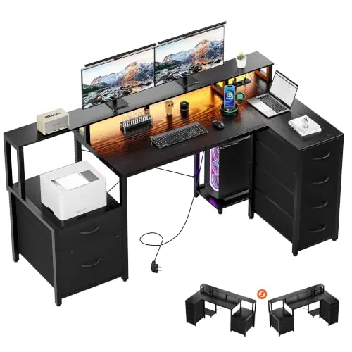 YOUDENOVA Escritorio en forma de L con cajones, 150 x 80 cm, escritorio esquinero con LED, enchufe y USB, mesa gaming reversible con soporte para monitor, espacio de almacenamiento, mesa de ordenador