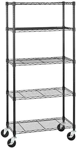 Amazon Basics Unidad de almacenamiento mediana de 5 baldas con ruedas de 4 in con estantes ajustables en altura y pies niveladores, peso máximo de 680 kg, negro, 76.2 x 35.6 x 164.5 cm (D x W x H)