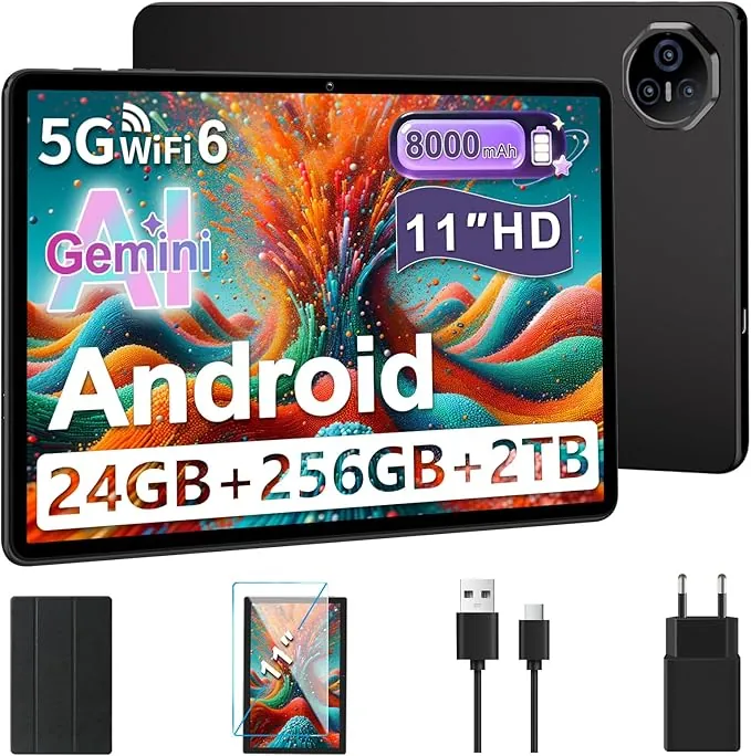 Tablet 11 pulgadas, Tableta Android, 24 GB RAM+256 GB ROM (2 TB TF), FHD IPS, Octa-Core, UFS 2.2 Flash, 8000 mAh, 5 MP + 13 MP, WiFi dual, BT 5.0, Widevine L1, Face ID, con Carcasa Metálica-Gris