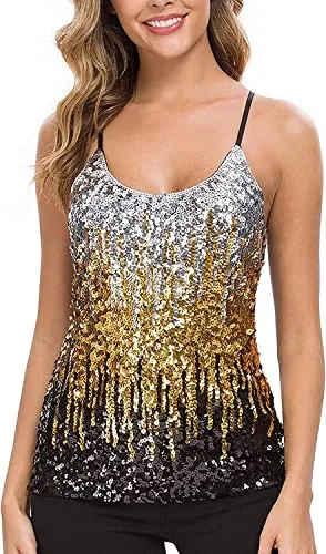 WILLIAMHUA Tops de Lentejuelas para Mujer Camisola de Mujer con Lentejuelas Brillantes Adornadas (M, Amarillo)