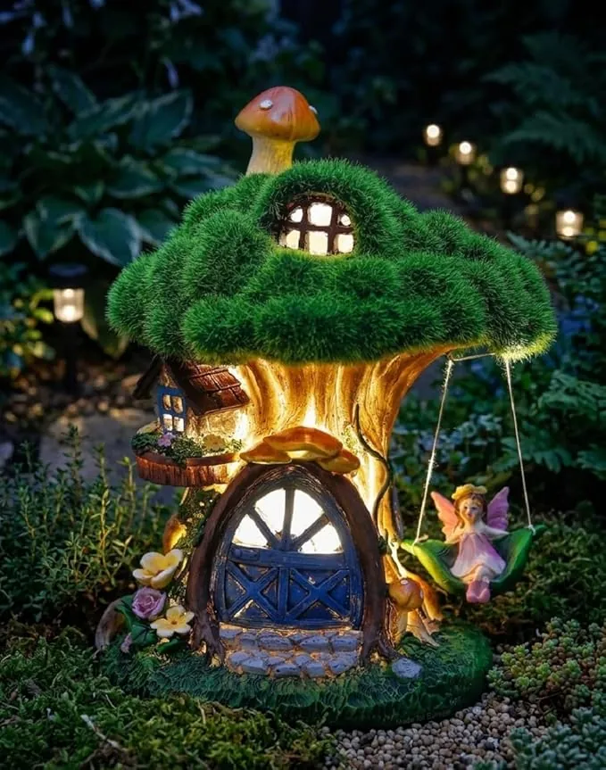 TERESA'S COLLECTIONS Casa de Hadas Estatua Exterior con Luces Solares para Adorno Jardín Exterior, Adornos de Resina Impermeable, Adorno para Césped y Patio, Regalo para Mamá y Mujer, 20,2 cm