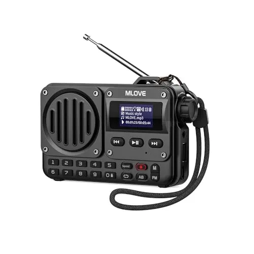 MLOVE BV800 Radio FM Portátil Pequeña Pantalla LCD y Altavoz Bluetooth, Admite Reproducción a través de BT 5.0, Entrada AUX, USB y Tarjeta TF para Disfrutar de la Música en Cualquier Lugar, Negro